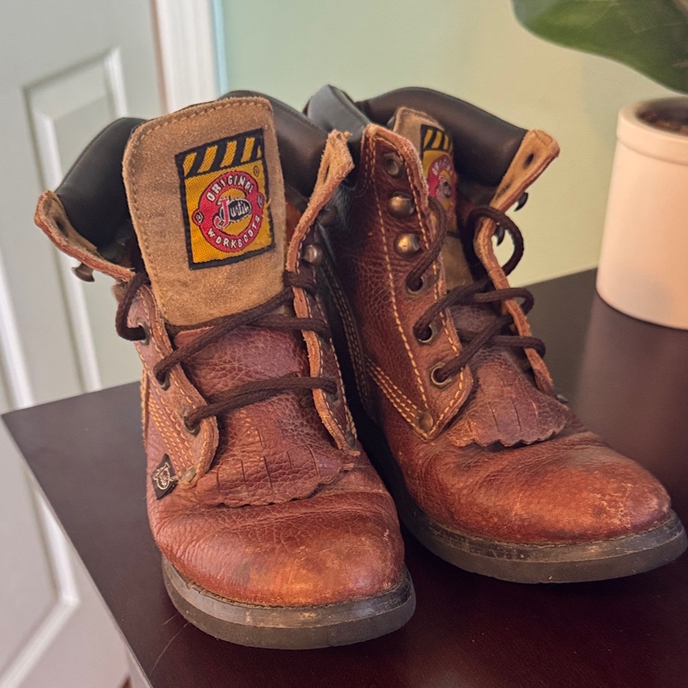 Justin Brown Leather Lace-Up Boots with Fun Patch